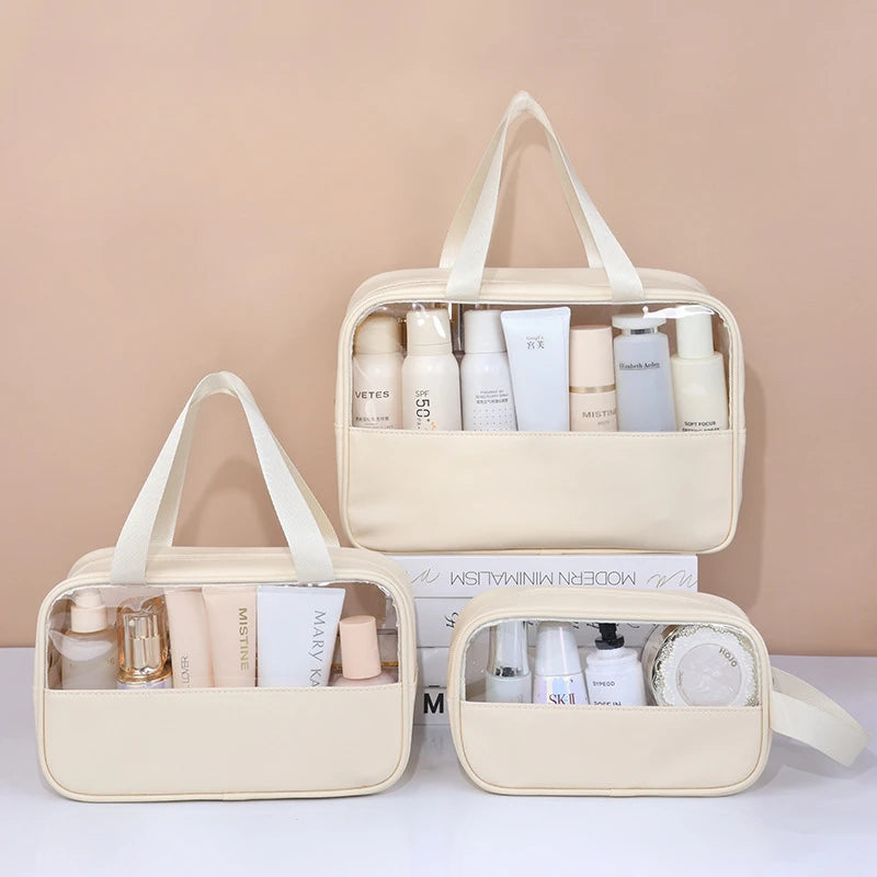 Set of beige toiletry bags with skincare products on a beige background