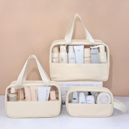 Set of beige toiletry bags with skincare products on a beige background