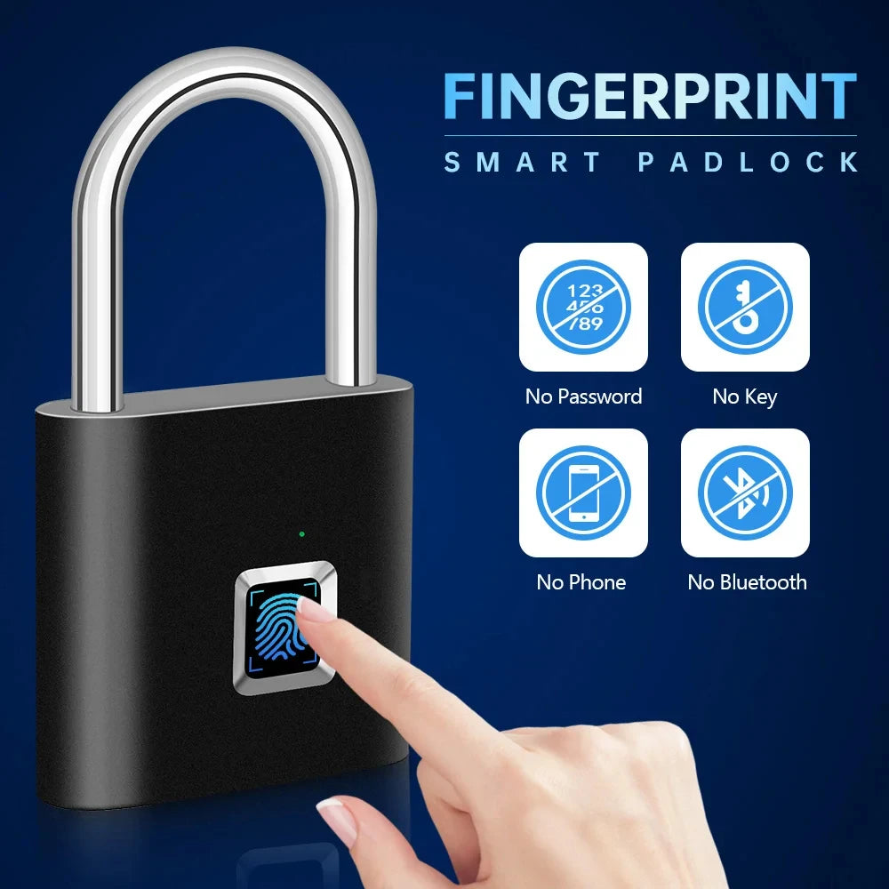 Fingerprint smart padlock with a hand pressing the sensor on a blue background