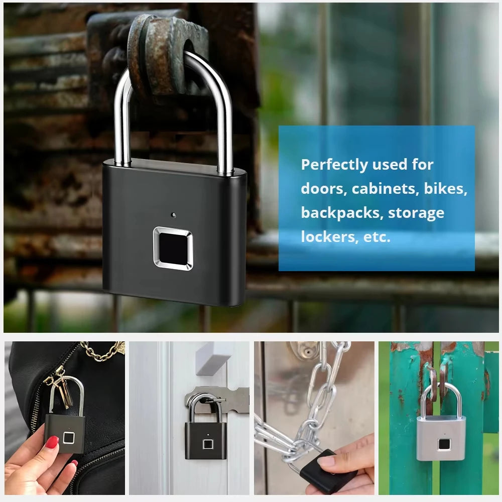 Black padlock with text about its uses on a blurred background