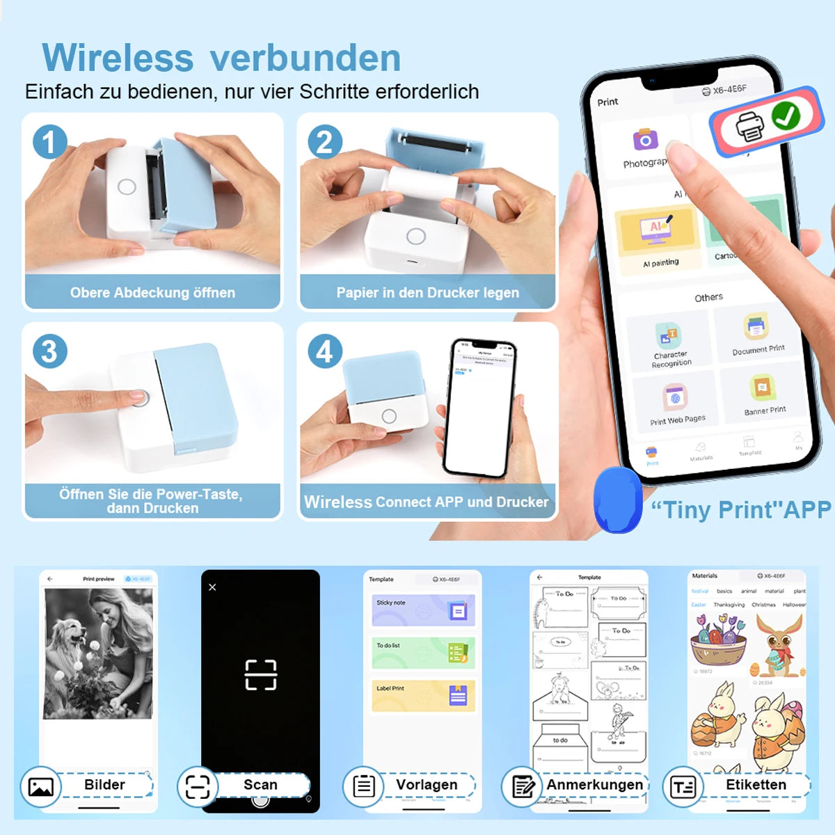 Step-by-step guide on using a wireless printer with smartphone app interface.