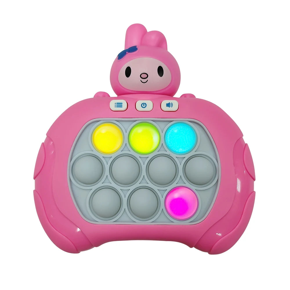 Pink toy with colorful buttons on a white background