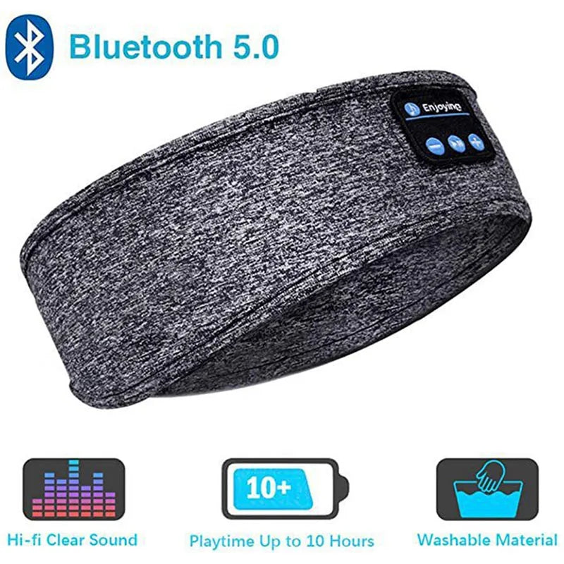 A gray heathered Bluetooth headband shown on a white background with feature icons and text including Bluetooth 5.0, Hi-fi Clear Sound, Playtime Up to 10 Hours, and Washable Material.