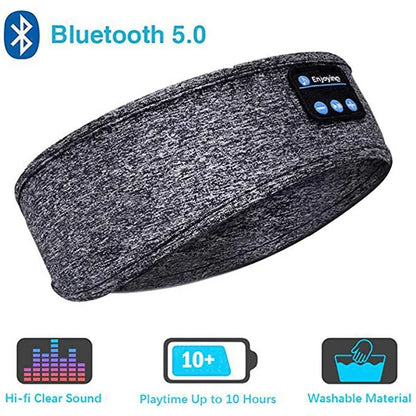 A gray heathered Bluetooth headband shown on a white background with feature icons and text including Bluetooth 5.0, Hi-fi Clear Sound, Playtime Up to 10 Hours, and Washable Material.