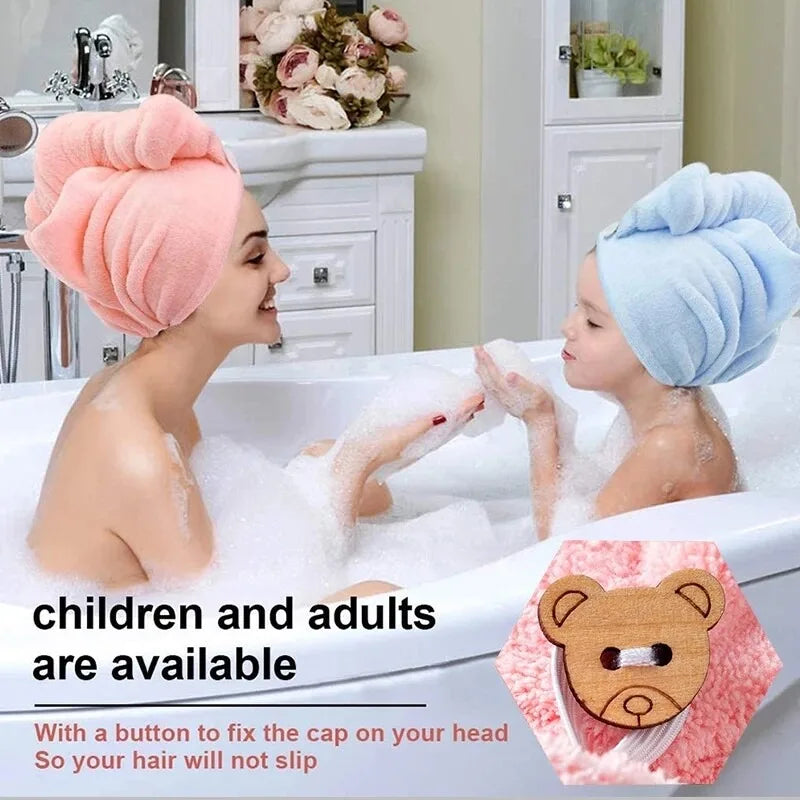 Two people in a bathtub with towel caps on, with text about product features.