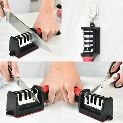 Knife and scissors being sharpened on a black and red sharpener against a white background.
