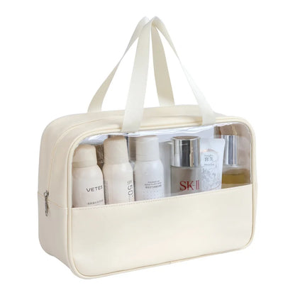 Beige toiletry bag with visible skincare products inside on a white background