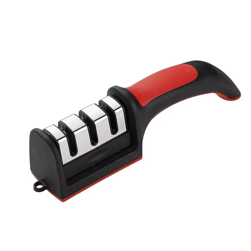 Knife sharpener with black and red handle on a white background