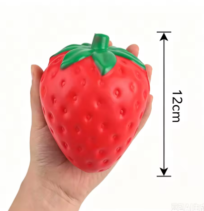 A hand holding a red strawberry-shaped squishy toy with green leaves on top, shown against a white background with a vertical 12cm size marker.