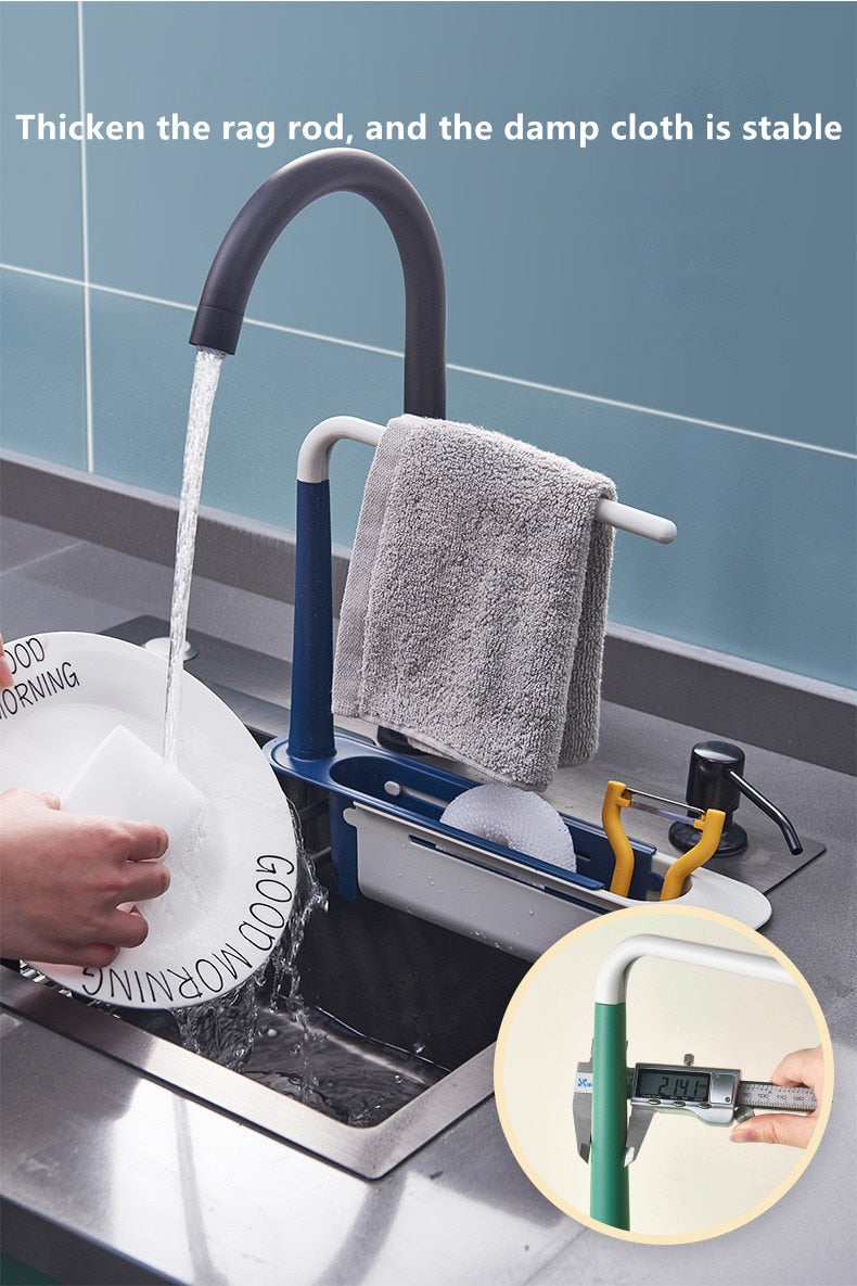 Dishwasher with a rag rod and towel hanging, water flowing, and close-up of rag rod adjustment.