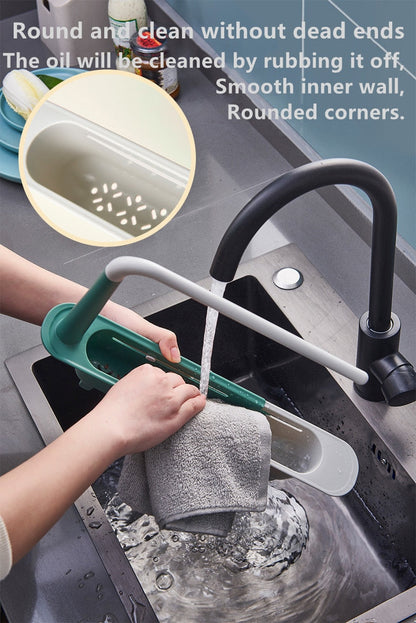 Person cleaning a kitchen sink with a green scrubber and towel, with text about product features.