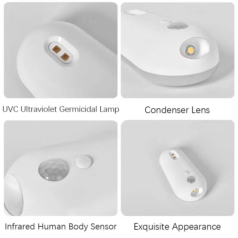 UVC ultraviolet germicidal lamp with condenser lens, infrared human body sensor, and exquisite appearance on a white background.