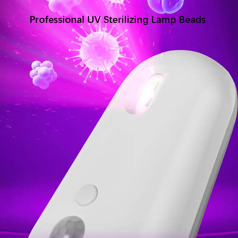 UV sterilizing lamp with purple background and virus graphics