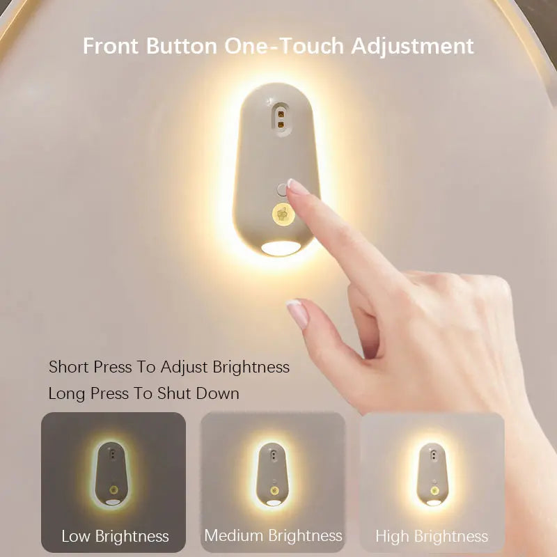 Hand pressing a wall-mounted light switch with text indicating brightness adjustment options.