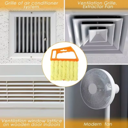 A collage showing different vent and fan grilles in indoor environments, with a central inset of a yellow cleaning brush pad with an orange handle. Text labels identify the parts: grille of air conditioner system, ventilation grille extractor fan, ventilation window lattice on wooden door indoors, and modern fan.