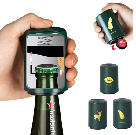 A dark green bottle opener tool shown being used on a bottle cap, with inset views of the opener in different positions and three cap designs featuring gold foil logos. A hand is visible holding the opener, so this is classified as Lifestyle rather than Product/Packaging.