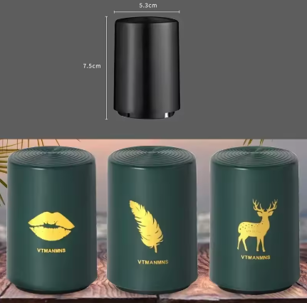 Three dark green cylindrical containers with gold animal and abstract prints, shown with a top-down black container diagram indicating 5.3cm width and 7.