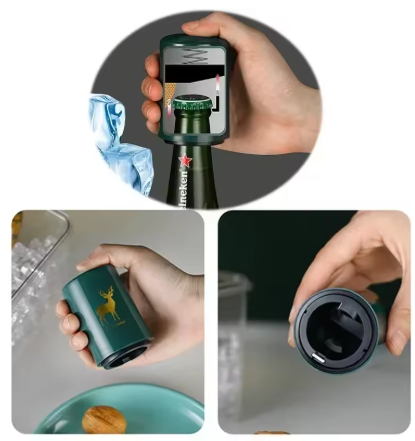 A collage showing a dark green bottle opener tool being used to open a Heineken bottle, held in a hand, with close-up views of the opener mechanism and its interior.