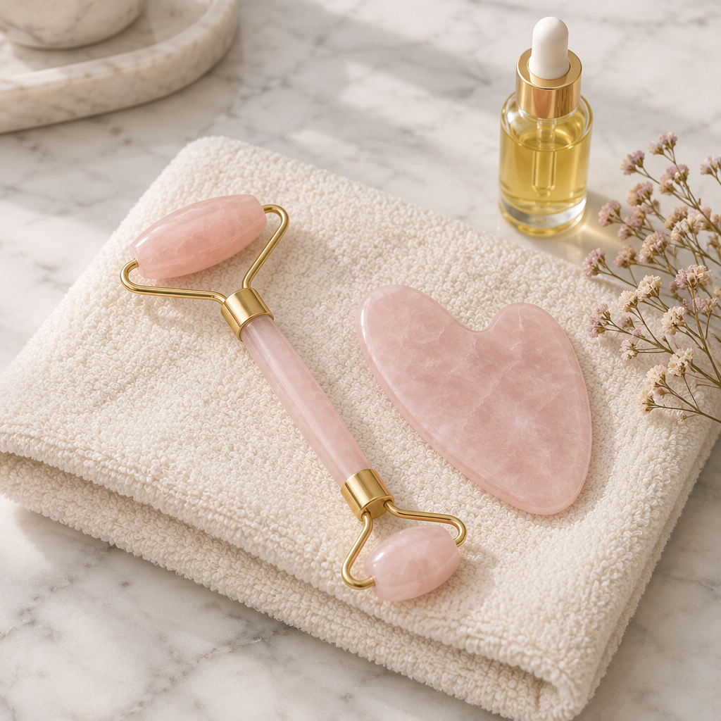 Rose quartz facial roller and gua sha stone styled on a cream towel with a bottle of facial oil