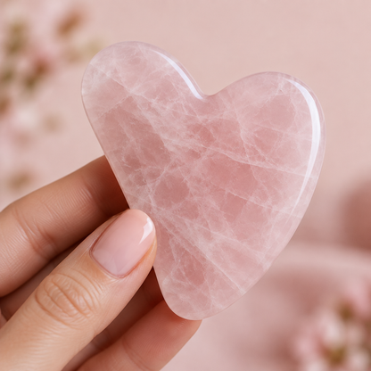 Close-up of a heart-shaped rose quartz gua sha stone showing its pale pink veining and polished edge