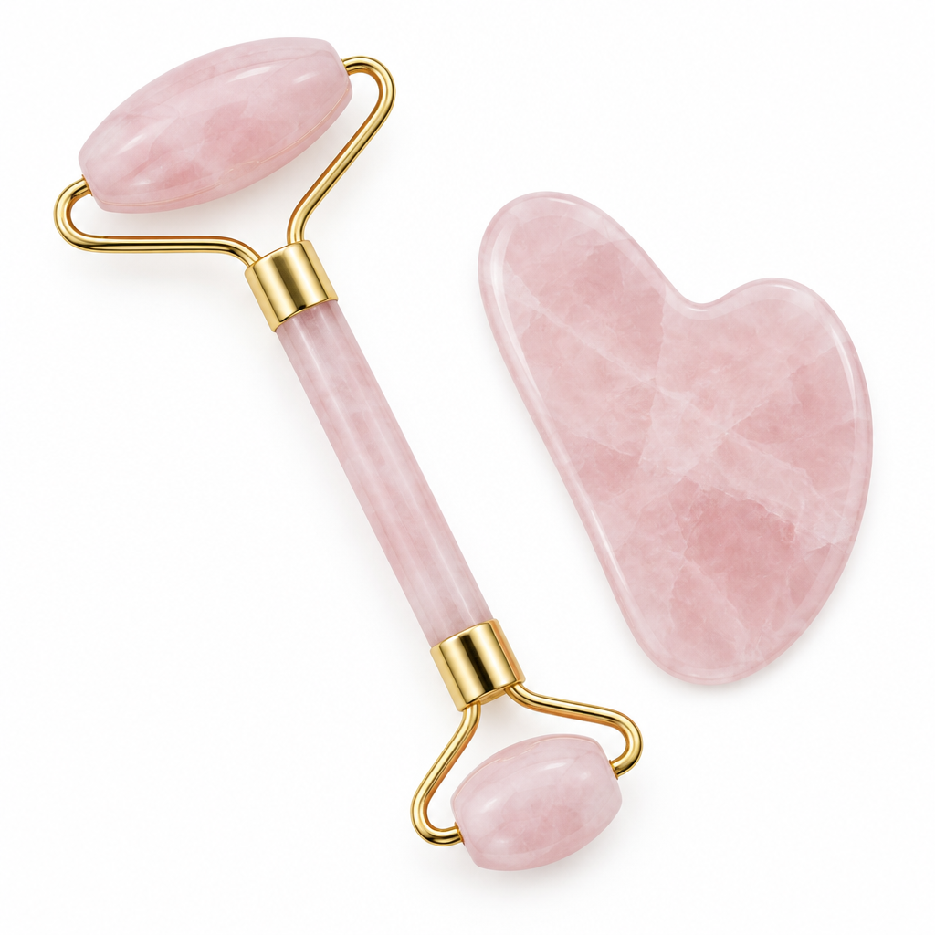 Dual-ended rose quartz facial roller beside a heart-shaped rose quartz gua sha stone on a white background