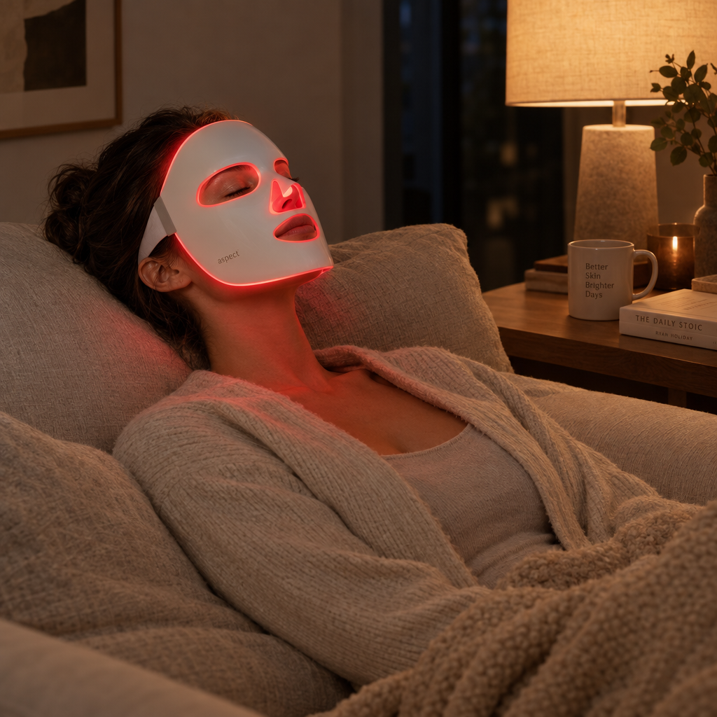 A woman lying in bed wearing a white LED light therapy face mask that glows red, with a cozy beige robe in a warmly lit bedroom setting.