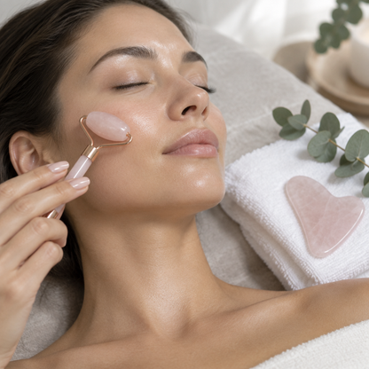 A woman lies with her eyes closed while using a rose quartz facial roller on her cheek. A matching rose quartz heart-shaped stone rests on a folded white towel beside eucalyptus leaves in a spa-like setting.