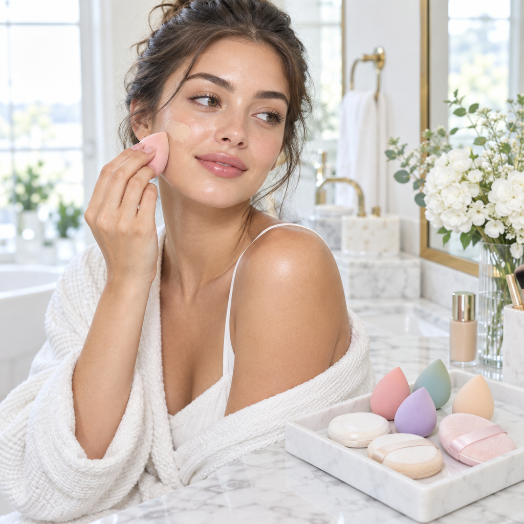 A woman in a white robe applies makeup with a pink sponge in a bright bathroom. A tray of colorful makeup sponges and a foundation bottle sit on the marble counter nearby.